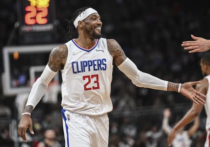 Apr 1, 2022; Milwaukee, Wisconsin, USA; LA Clippers forward Robert Covington (23) reacts after scoring a 3-point basket in the fourth quarter against the Milwaukee Bucks at Fiserv Forum. Mandatory Credit: Benny Sieu-USA TODAY Sports
