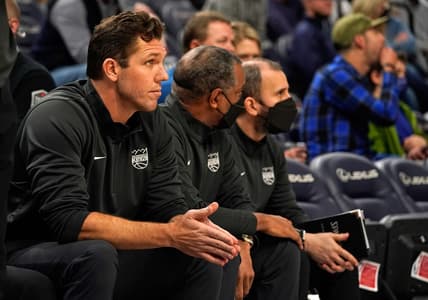 Nov 17, 2021; Minneapolis, Minnesota, USA;  Sacramento Kings head coach Luke Walton looks on against the Minnesota Timberwolves at Target Center. Mandatory Credit: Nick Wosika-USA TODAY Sports
