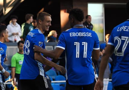 Jul 3, 2022; San Jose, California, USA; San Jose Earthquakes forward Benji Kikanovic (28) celebrates with forward Jeremy Ebobisse (11) after scoring a goal against the Chicago Fire during the second half at PayPal Park. Mandatory Credit: Kelley L Cox-USA TODAY Sports