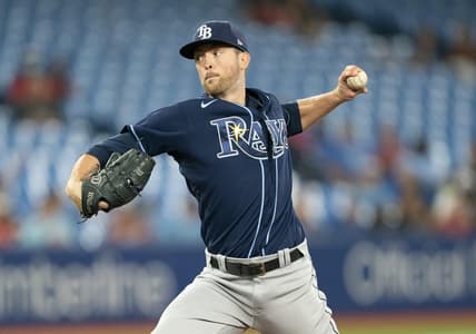 Sep 13, 2022; Toronto, Ontario, CAN; Tampa Bay Rays starting pitcher Jeffrey Springs (59) throws a pitch against the Toronto Blue Jays during the first inning at Rogers Centre. Mandatory Credit: Nick Turchiaro-USA TODAY Sports
