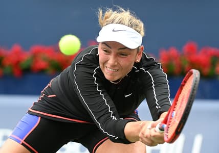 Aug 8, 2022; Toronto, ON, Canada;   Donna Vekic (CRO) plays a shot against Simona Halep (ROU) in first round play in the National Bank Open at Sobeys Stadium. Mandatory Credit: Dan Hamilton-USA TODAY Sports