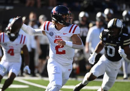 Oct 8, 2022; Nashville, Tennessee, USA; Mississippi Rebels quarterback Jaxson Dart (2) attempts a pass during the first half against the Vanderbilt Commodores at FirstBank Stadium. Mandatory Credit: Christopher Hanewinckel-USA TODAY Sports