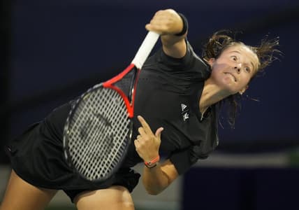 Oct 13, 2022; San Diego, California, US;  Daria Kasatkina  serves to Madison Keys of the United States during the San Diego Open at Barnes Tennis Center. Mandatory Credit: Ray Acevedo-USA TODAY Sports