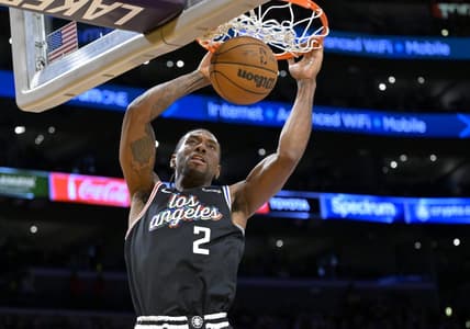 Jan 24, 2023; Los Angeles, California, USA; Los Angeles Clippers forward Kawhi Leonard (2) dunks in the second half against the Los Angeles Lakers at Crypto.com Arena. Mandatory Credit: Jayne Kamin-Oncea-USA TODAY Sports