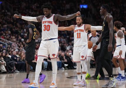Jan 6, 2023; Toronto, Ontario, CAN; New York Knicks forward Julius Randle (30) and New York Knicks guard Jalen Brunson (11) react against the Toronto Raptors during the second quarter at Scotiabank Arena. Mandatory Credit: Nick Turchiaro-USA TODAY Sports