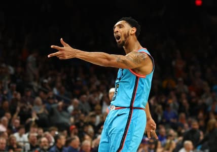 Feb 24, 2023; Phoenix, Arizona, USA; Phoenix Suns guard Cameron Payne celebrates a three point shot against the Oklahoma City Thunder in the second half at Footprint Center. Mandatory Credit: Mark J. Rebilas-USA TODAY Sports