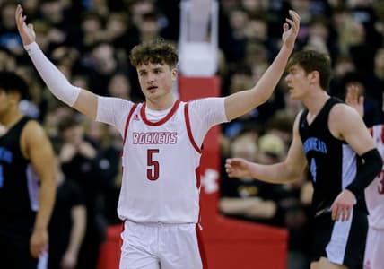 Neenah High School's Cal Klesmit (5) pumps up the crowd against Arrowhead High School during a WIAA Division 1 state semifinal boys basketball game on Friday, March 17, 2023, at the Kohl Center in Madison, Wis. Arrowhead won the game, 73-61, to advance to the state championship game.Tork Mason/USA TODAY NETWORK-Wisconsin

Apc Neenah Vs Arrowhead State Bb 031623 494 Ttm