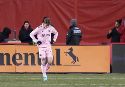 Mar 18, 2023; Toronto, Ontario, CAN; Inter Miami midfielder Robert Taylor (16) reacts at the end of the second half against the Toronto FC at BMO Field. Mandatory Credit: Nick Turchiaro-USA TODAY Sports