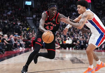 Mar 24, 2023; Toronto, Ontario, CAN; Toronto Raptors forward Pascal Siakam (43) controls the ball as Detroit Pistons guard Killian Hayes (7) tries to defend during the third quarter at Scotiabank Arena. Mandatory Credit: Nick Turchiaro-USA TODAY Sports