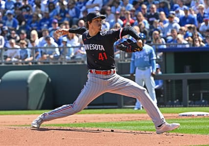 Apr 2, 2023; Kansas City, Missouri, USA; Minnesota Twins starting pitcher Joe Ryan (41) delivers a pitch during the first inning against the Kansas City Royals at Kauffman Stadium. Mandatory Credit: Peter Aiken-USA TODAY Sports