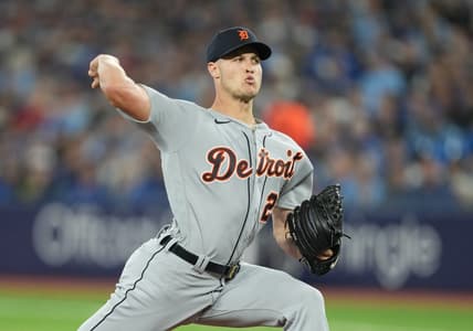 Apr 11, 2023; Toronto, Ontario, CAN; Detroit Tigers starting pitcher Matt Manning (25) throws a pitch against the Toronto Blue Jays during the first inning at the Rogers Centre. Mandatory Credit: Nick Turchiaro-USA TODAY Sports