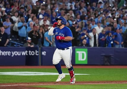 Apr 11, 2023; Toronto, Ontario, CAN; Toronto Blue Jays catcher Alejandro Kirk (30) celebrates after hitting a three-run home run against the Detroit Tigers during the eighth inning at the Rogers Centre. Mandatory Credit: Nick Turchiaro-USA TODAY Sports