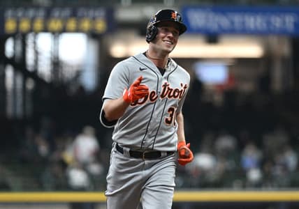 Apr 25, 2023; Milwaukee, Wisconsin, USA; Detroit Tigers right fielder Kerry Carpenter (30) rounds the bases after hitting a home run against the Milwaukee Brewers in the second inning at American Family Field. Mandatory Credit: Michael McLoone-USA TODAY Sports