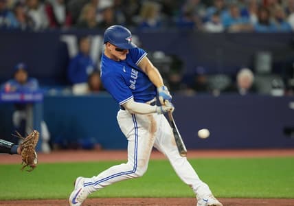 Apr 28, 2023; Toronto, Ontario, CAN; Toronto Blue Jays third baseman Matt Chapman (26) hits a double against the Seattle Mariners during the third inning at Rogers Centre. Mandatory Credit: Nick Turchiaro-USA TODAY Sports