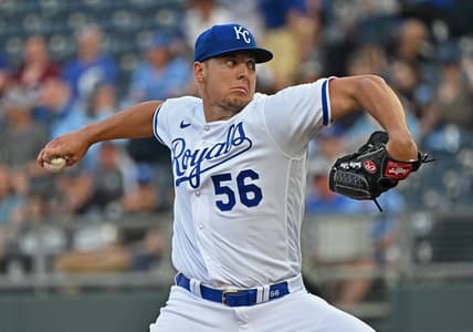 Apr 18, 2023; Kansas City, Missouri, USA;  Kansas City Royals starting pitcher Brad Keller (56) delivers a pitch during the first inning against the Texas Rangers at Kauffman Stadium. Mandatory Credit: Peter Aiken-USA TODAY Sports
