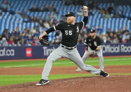 Apr 24, 2023; Toronto, Ontario, CAN; Chicago White Sox relief pitcher Jake Diekman (55) throws a pitch against the Toronto Blue Jays during the seventh inning at Rogers Centre. Mandatory Credit: Nick Turchiaro-USA TODAY Sports