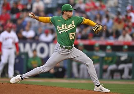 Apr 25, 2023; Anaheim, California, USA;  Oakland Athletics starting pitcher Mason Miller (57) throws to the plate in the first inning against the Los Angeles Angels at Angel Stadium. Mandatory Credit: Jayne Kamin-Oncea-USA TODAY Sports