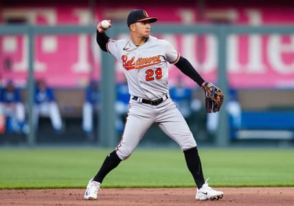 May 2, 2023; Kansas City, Missouri, USA; Baltimore Orioles third baseman Ramon Urias (29) throws to first base during the second inning against the Kansas City Royals at Kauffman Stadium. Mandatory Credit: Jay Biggerstaff-USA TODAY Sports