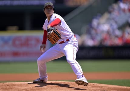 May 21, 2023; Anaheim, California, USA;  Los Angeles Angels starting pitcher Shohei Ohtani (17) throws to the plate in the first inning against the Minnesota Twins at Angel Stadium. Mandatory Credit: Jayne Kamin-Oncea-USA TODAY Sports