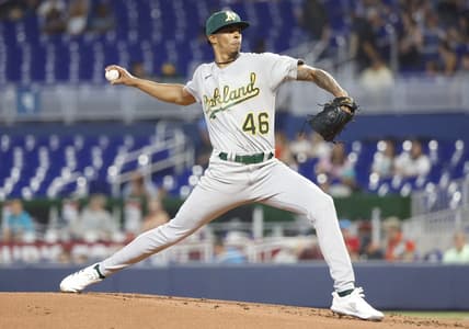 Jun 3, 2023; Miami, Florida, USA; Oakland Athletics starting pitcher Luis Medina (46) pitches against the Miami Marlins during the first inning at loanDepot Park. Mandatory Credit: Rhona Wise-USA TODAY Sports