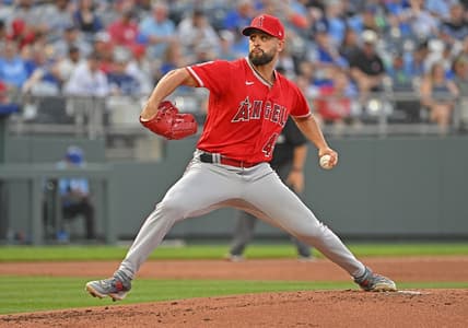 Jun 16, 2023; Kansas City, Missouri, USA; Los Angeles Angels starting pitcher Patrick Sandoval (43) pitches in the first inning against the Kansas City Royals at Kauffman Stadium. Mandatory Credit: Peter Aiken-USA TODAY Sports