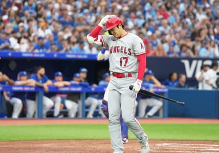Jul 28, 2023; Toronto, Ontario, CAN; Los Angeles Angels designated hitter Shohei Ohtani (17) reacts after striking out against the Toronto Blue Jays during the third inning at Rogers Centre. Mandatory Credit: Nick Turchiaro-USA TODAY Sports