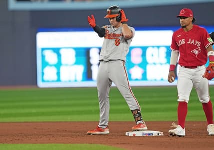 Jul 31, 2023; Toronto, Ontario, CAN; Baltimore Orioles designated hitter Ryan Mountcastle (6)  celebrates hitting a double against the Toronto Blue Jays during the eighth inning at Rogers Centre. Mandatory Credit: Nick Turchiaro-USA TODAY Sports