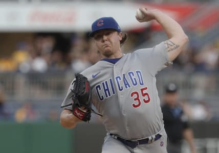 Aug 24, 2023; Pittsburgh, Pennsylvania, USA;  Chicago Cubs starting pitcher Justin Steele (35) delivers a pitch against the Pittsburgh Pirates during the first inning at PNC Park. Mandatory Credit: Charles LeClaire-USA TODAY Sports