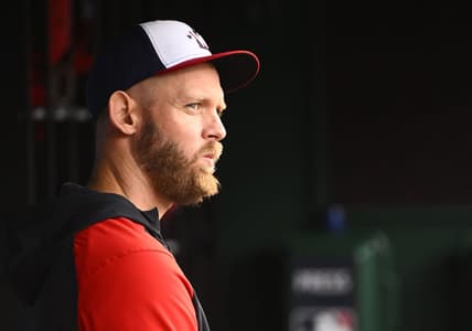 Oct 1, 2022; Washington, District of Columbia, USA; Washington Nationals pitcher Stephen Strasburg looks on during the game against the Philadelphia Phillies at Nationals Park. Mandatory Credit: Brad Mills-USA TODAY Sports