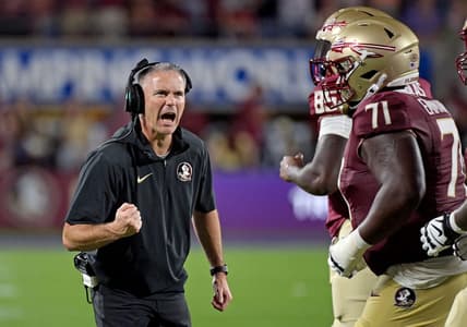 Sep 3, 2023; Orlando, Florida, USA; Florida State Seminoles head coach Mike Norvell is excited during the fourth quarter against the Louisiana State Tigers at Camping World Stadium. Mandatory Credit: Melina Myers-USA TODAY Sports