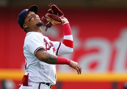 Sep 10, 2023; Cumberland, Georgia, USA; Atlanta Braves shortstop Orlando Arcia (11) catches a pop fly for an out against the Pittsburgh Pirates during the seventh inning at Truist Park. Mandatory Credit: John David Mercer-USA TODAY Sports