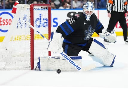 Dec 27, 2023; Toronto, Ontario, CAN; Toronto Maple Leafs goaltender Martin Jones (31) handles the puck against the Ottawa Senators during the second period at Scotiabank Arena. Mandatory Credit: Nick Turchiaro-USA TODAY Sports
