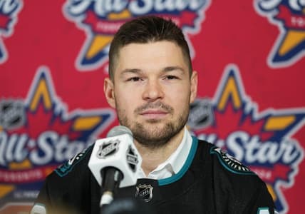 Feb 1, 2024; Toronto, Ontario, CANADA; San Jose Sharks Tomas Hertl speaks to the media during NHL All-Star Thursday at Scotiabank Arena. Mandatory Credit: Nick Turchiaro-USA TODAY Sports