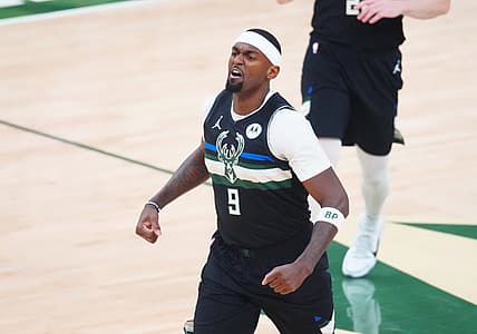 Jul 20, 2021; Milwaukee, Wisconsin, USA; Milwaukee Bucks center Bobby Portis (9) celebrates during game six of the 2021 NBA Finals against the Phoenix Suns at Fiserv Forum. Mandatory Credit: Mark J. Rebilas-USA TODAY Sports