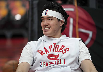 Dec 8, 2021; Toronto, Ontario, CAN; Toronto Raptors forward Yuta Watanabe (18) stretches during the warmup against the Oklahoma City Thunder at Scotiabank Arena. Mandatory Credit: Nick Turchiaro-USA TODAY Sports