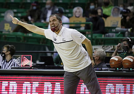 Feb 23, 2021; Waco, Texas, USA; Iowa State Cyclones head coach Steve Prohm yells from the sidelines during the first half against the Baylor Bears at Ferrell Center. Mandatory Credit: Raymond Carlin III-USA TODAY Sports
