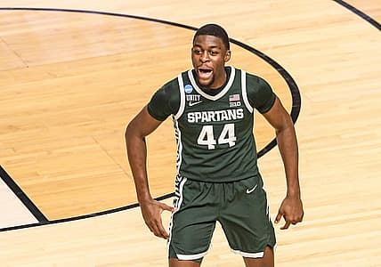 Michigan State University forward Gabe Brown (44) reacts after shooting a three pointer against Duke during the first half of the NCAA Div. 1 Men's Basketball Tournament preliminary round game at Bon Secours Wellness Arena in Greenville, S.C. Sunday, March 20, 2022.

Ncaa Men S Basketball Second Round Duke Vs Michigan State