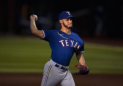 Sep 23, 2020; Phoenix, Arizona, USA; Texas Rangers pitcher Jonathan Hernandez against the Arizona Diamondbacks at Chase Field. Mandatory Credit: Mark J. Rebilas-USA TODAY Sports