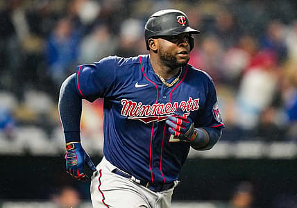 Apr 20, 2022; Kansas City, Missouri, USA; Minnesota Twins first baseman Miguel Sano (22) runs to first base during the fifth inning against the Kansas City Royals at Kauffman Stadium. Mandatory Credit: Jay Biggerstaff-USA TODAY Sports