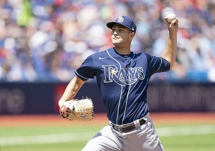 Jul 2, 2022; Toronto, Ontario, CAN; Tampa Bay Rays starting pitcher Shane McClanahan (18) throws a pitch against the Toronto Blue Jays during the first inning at Rogers Centre. Mandatory Credit: Nick Turchiaro-USA TODAY Sports