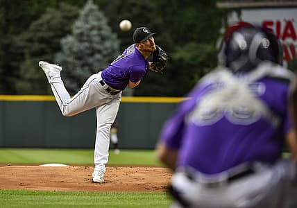 Jul 13, 2022; Denver, Colorado, USA; Colorado Rockies starting pitcher Chad Kuhl (41) throws a pitch in the first inning against San Diego Padres at Coors Field. Mandatory Credit: John Leyba-USA TODAY Sports