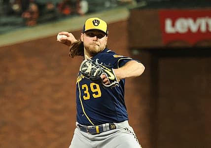 Jul 14, 2022; San Francisco, California, USA; Milwaukee Brewers starting pitcher Corbin Burnes (39) throws against the San Francisco Giants during the eighth inning at Oracle Park. Mandatory Credit: Kelley L Cox-USA TODAY Sports