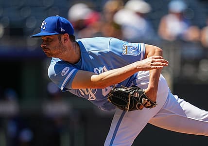 Jul 13, 2022; Kansas City, Missouri, USA; Kansas City Royals relief pitcher Wyatt Mills (41) pitches against the Detroit Tigers during the seventh inning at Kauffman Stadium. Mandatory Credit: Jay Biggerstaff-USA TODAY Sports