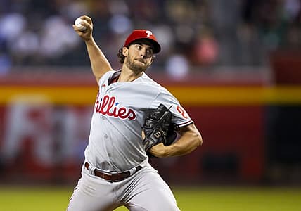 Aug 30, 2022; Phoenix, Arizona, USA; Philadelphia Phillies pitcher Aaron Nola throws in the first inning against the Arizona Diamondbacks at Chase Field. Mandatory Credit: Mark J. Rebilas-USA TODAY Sports