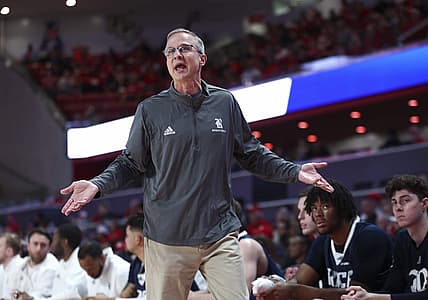 Nov 12, 2021; Houston, Texas, USA; Rice Owls head coach Scott Pera reacts during the first half against the Houston Cougars at Fertitta Center. Mandatory Credit: Troy Taormina-USA TODAY Sports