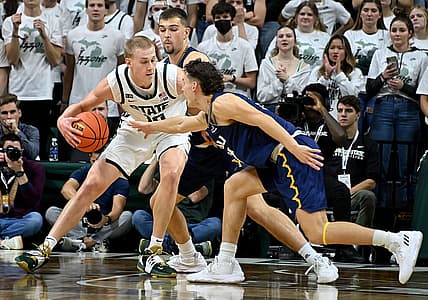 Nov 7, 2022; East Lansing, Michigan, USA; Michigan State Spartans forward Joey Hauser (10) moves the ball under the basket against the Northern Arizona Lumberjacks at Jack Breslin Student Events Center. Mandatory Credit: Dale Young-USA TODAY Sports