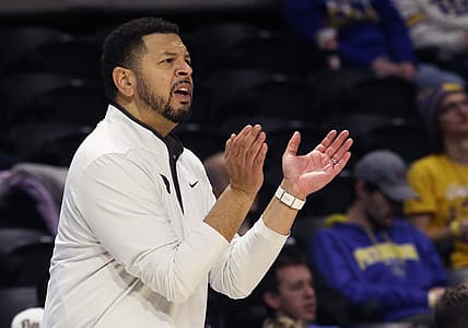 Dec 17, 2022; Pittsburgh, Pennsylvania, USA; Pittsburgh Panthers head coach Jeff Capel gestures on the sideline against the North Florida Ospreys during the second half at the Petersen Events Center. Mandatory Credit: Charles LeClaire-USA TODAY Sports