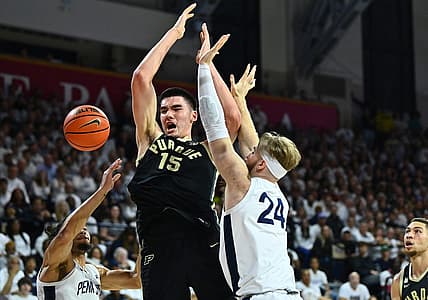 Jan 8, 2023; Philadelphia, Pennsylvania, USA; Purdue Boilermakers center Zach Edey (15) loses control of the ball against Penn State Nittany Lions forward Michael Henn (24) in the first half at The Palestra. Mandatory Credit: Kyle Ross-USA TODAY Sports