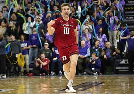 Jan 11, 2023; Evanston, Illinois, USA; Rutgers Scarlet Knights guard Cam Spencer (10) reacts after making the game winning three-point basket against the Northwestern Wildcats during the second half at Welsh-Ryan Arena. Mandatory Credit: David Banks-USA TODAY Sports