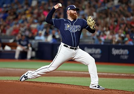 Jul 5, 2023; St. Petersburg, Florida, USA;  Tampa Bay Rays starting pitcher Zack Littell (52) throws a pitch against the Philadelphia Phillies during the second inning at Tropicana Field. Mandatory Credit: Kim Klement-USA TODAY Sports
